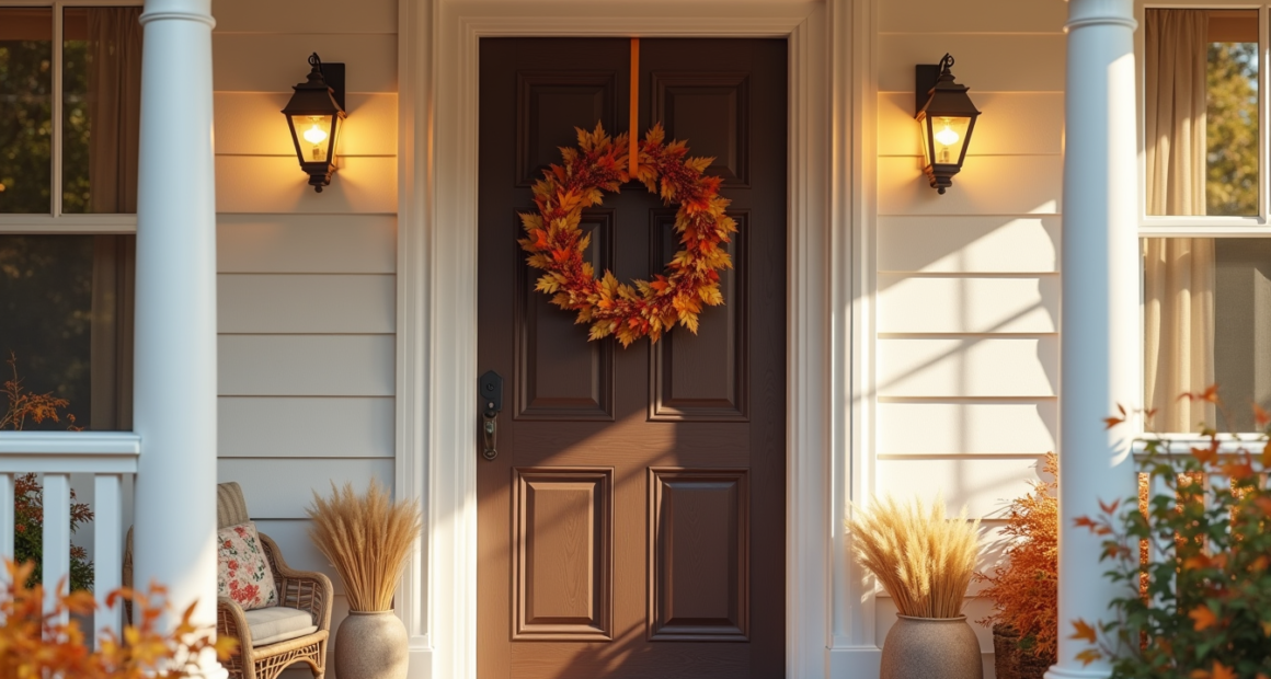 A fall wreath with maple leaves, berries, and wheat hangs on a dark wooden front door between porch columns.