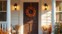 A fall wreath with maple leaves, berries, and wheat hangs on a dark wooden front door between porch columns.