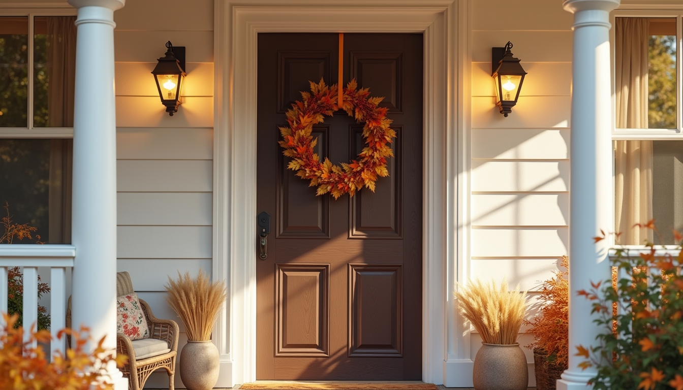 A fall wreath with maple leaves, berries, and wheat hangs on a dark wooden front door between porch columns.