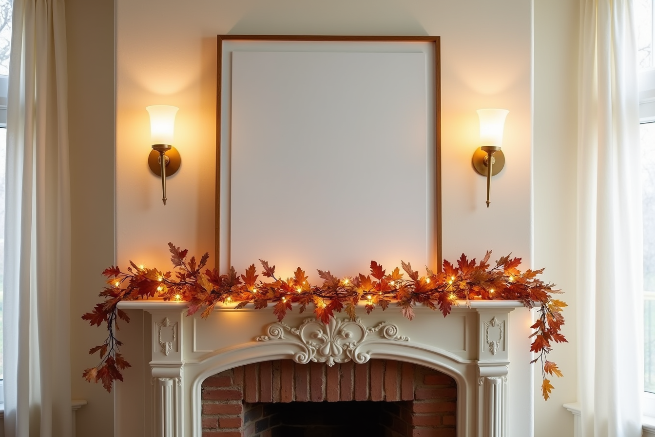 Fall garland with warm lights and oak leaves drapes across a mantel above a brick fireplace opening.
