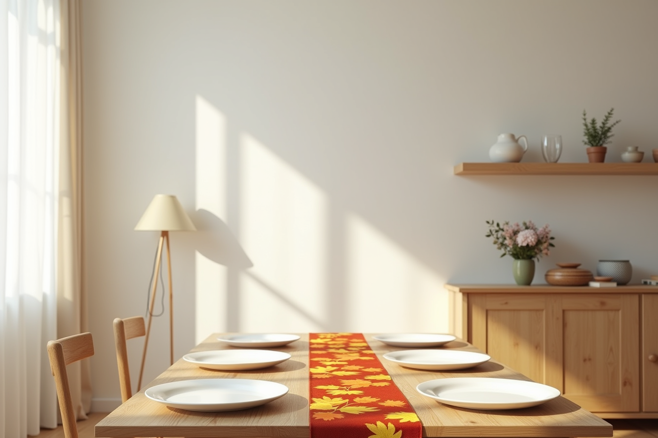 A maple-leaf patterned table runner runs down a wooden dining table with white place settings on either side.