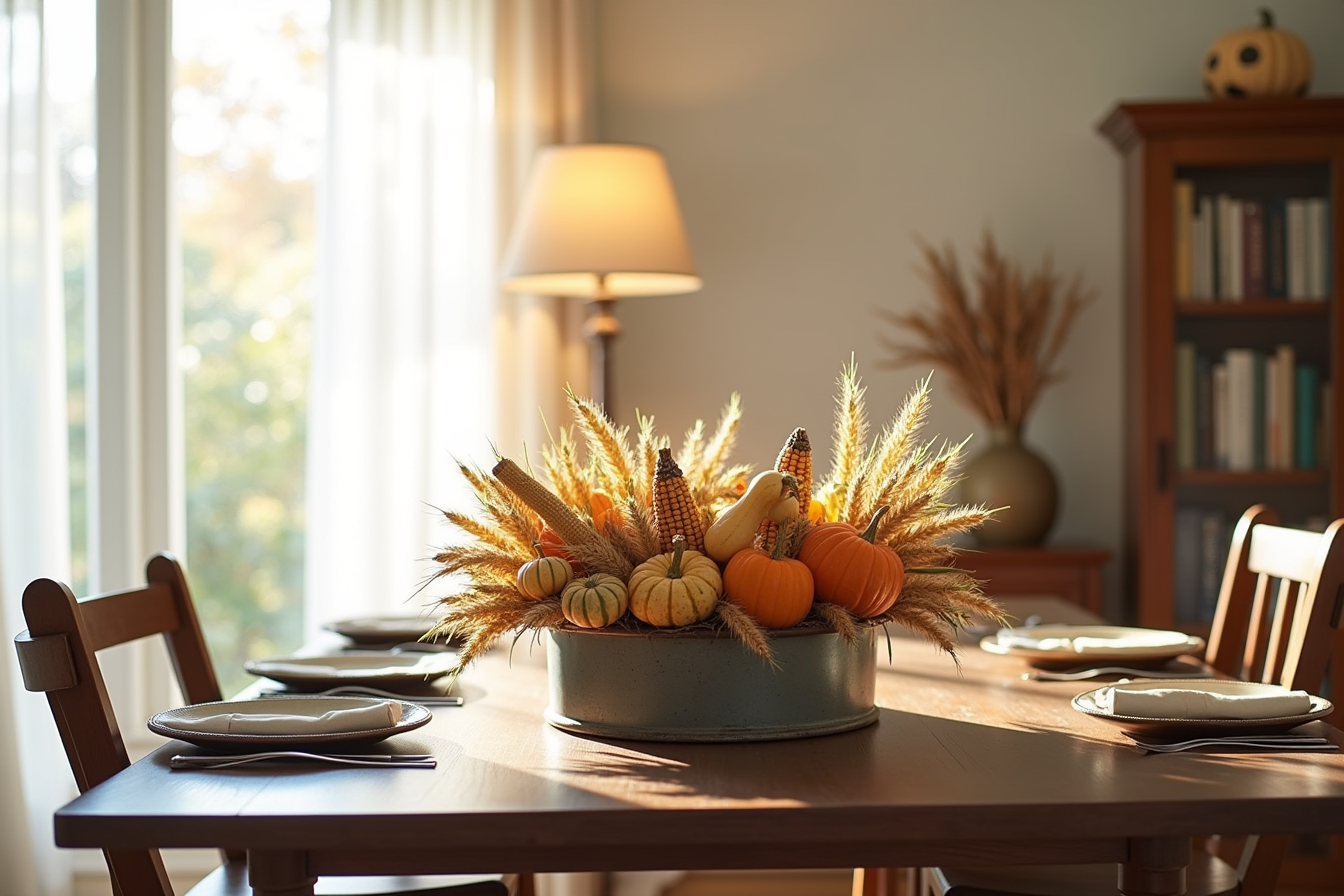A metal harvest centerpiece filled with corn stalks, gourds, and wheat sits on a wooden dining table.