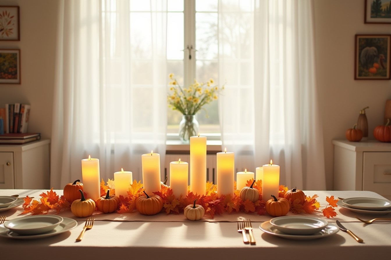Twelve flameless candles are scattered across a table among gourds and autumn leaves with place settings visible.