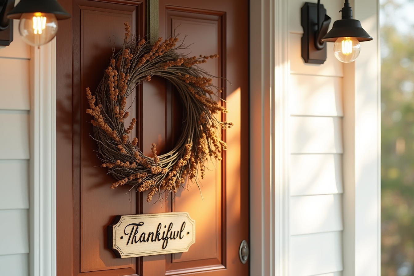 A branch wreath with a wooden gratitude plaque at the base hanging on a paneled mahogany door.