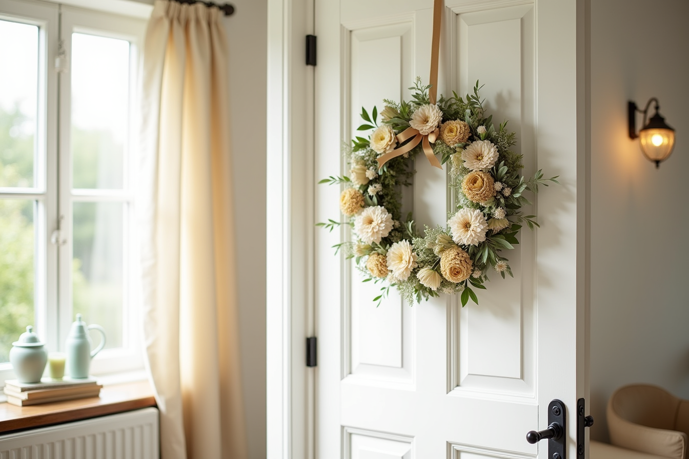 A wreath with cream dried flowers, pale eucalyptus, and tan ribbons on a white cottage door with black hardware.