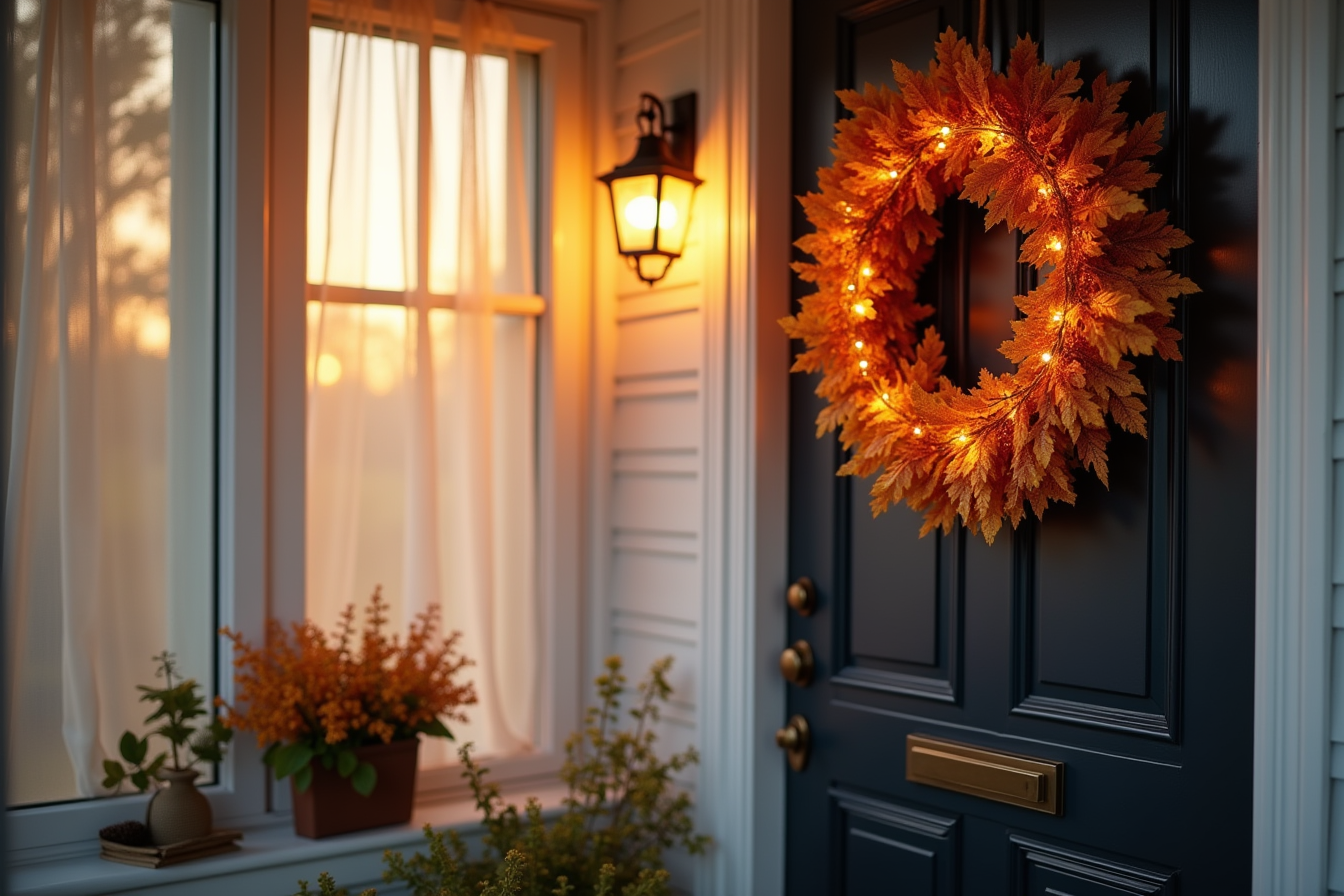 A wreath with orange and amber foliage and glowing warm white LED lights on a black door at dusk.