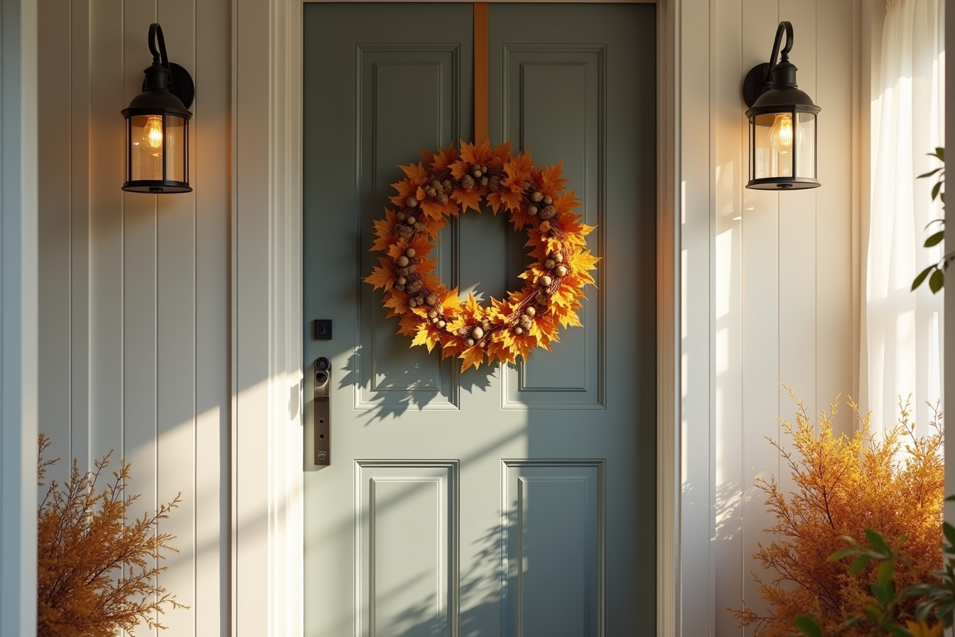 A 22-inch wreath with golden maple leaves and bronze acorns on a charcoal-gray colonial-style door with afternoon shadows.