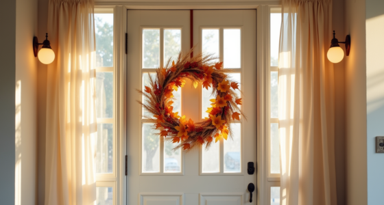 A 24-inch fall wreath with orange leaves, burgundy berries, and corn husks on a natural wood door in morning light.