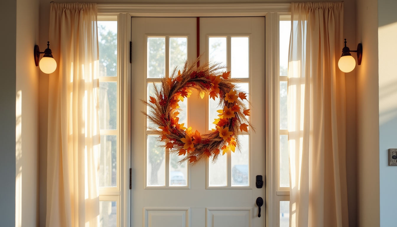 A 24-inch fall wreath with orange leaves, burgundy berries, and corn husks on a natural wood door in morning light.
