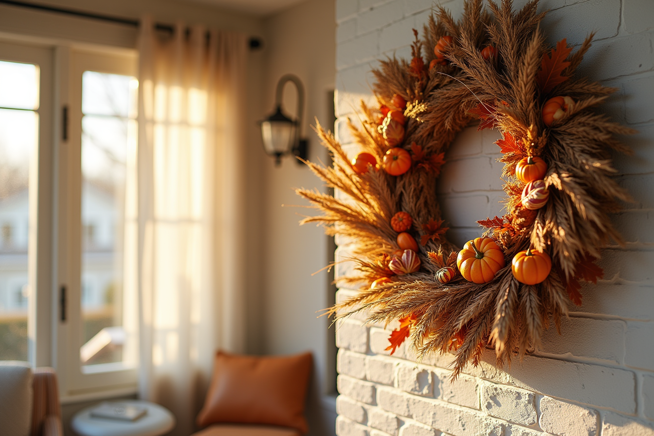 A wreath with wheat stalks, gourds, and rust foliage on a brick pillar, covered in rain droplets.