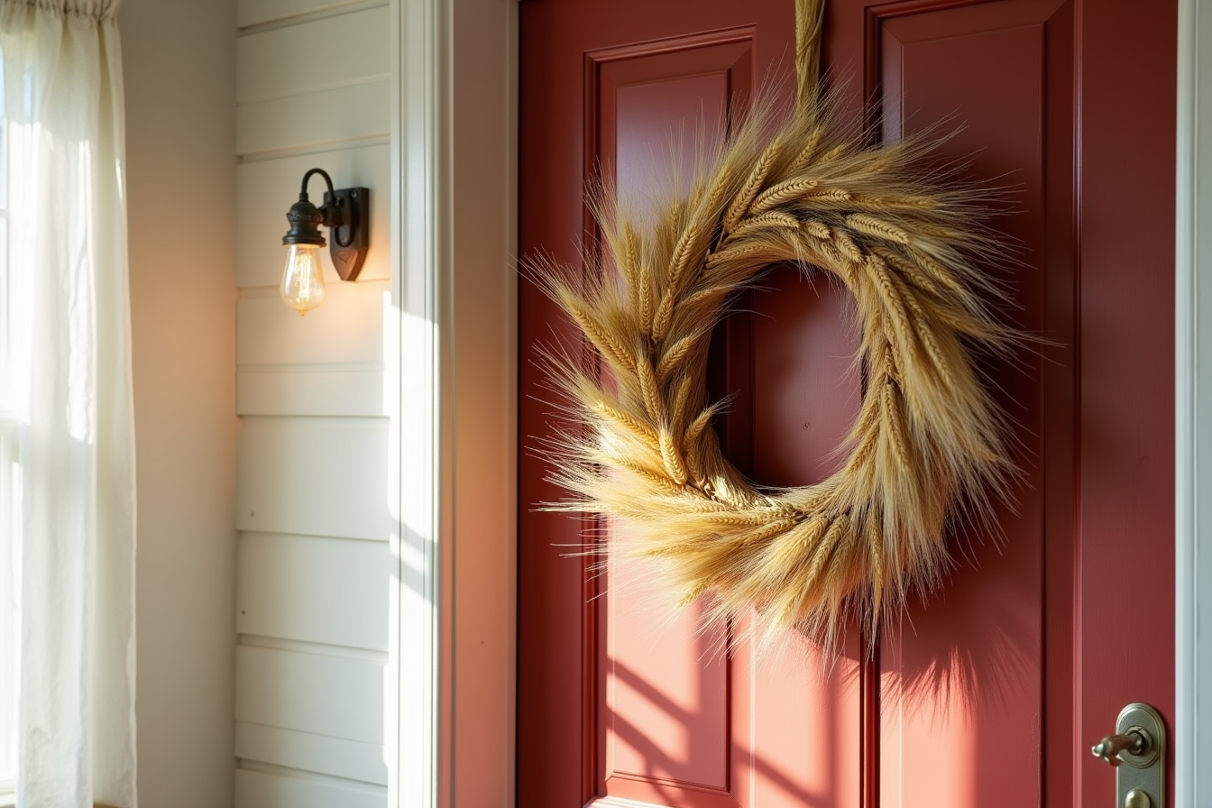 A 22-inch wreath made of bundled wheat stalks, golden straw, and grain heads on a weathered barn-red door.