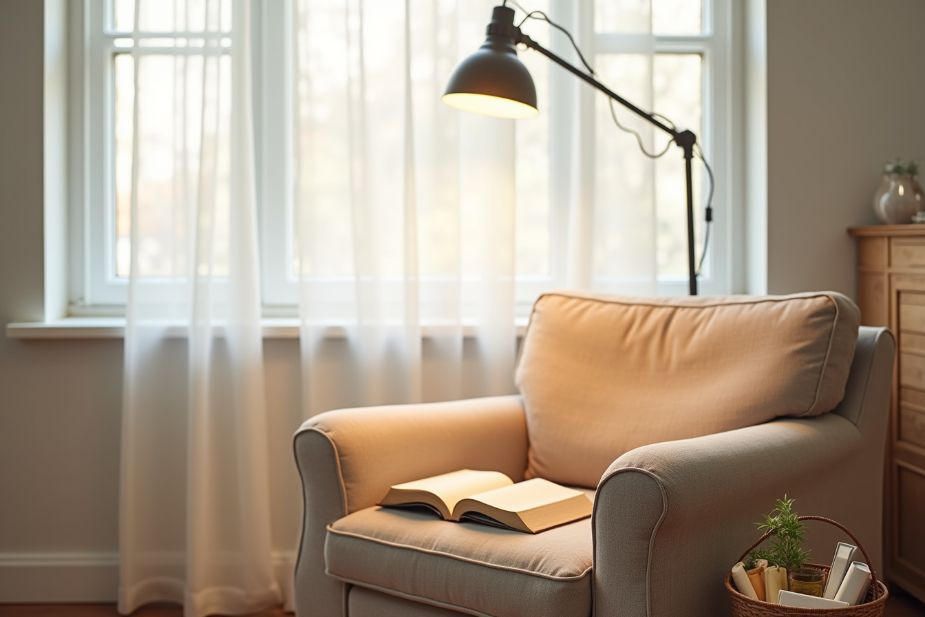 Adjustable LED lamp directs light onto a paperback book and craft basket on a reading armchair.