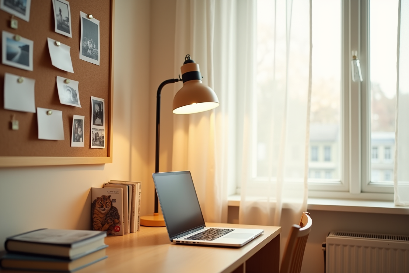 Tall beige and black floor lamp illuminates a dorm desk with laptop and photograph-covered bulletin board.