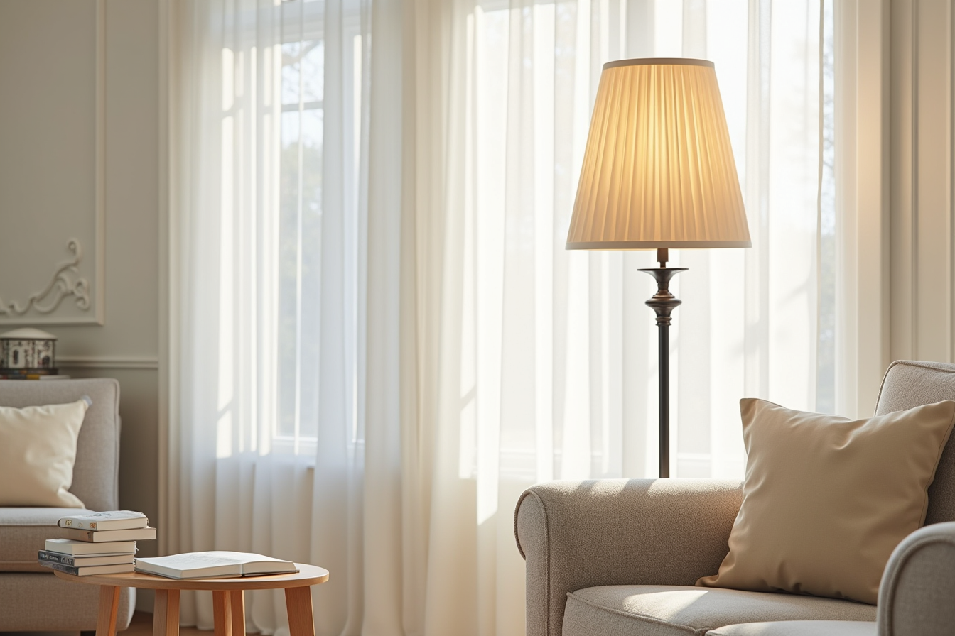 Black floor lamp with beige pleated shade stands beside a neutral sofa in a traditional living room setting.