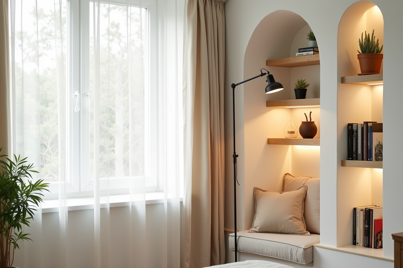 Black square lamp with built-in shelves holds succulents, books, and ceramic sculpture near a reading nook.