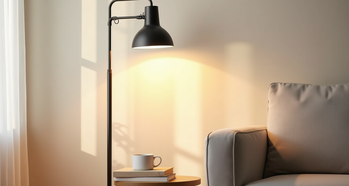 Black torchiere lamp illuminates a cream wall beside a gray armchair and side table with mug.