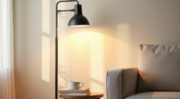 Black torchiere lamp illuminates a cream wall beside a gray armchair and side table with mug.