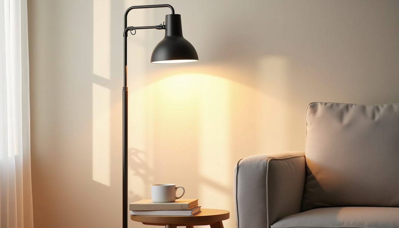 Black torchiere lamp illuminates a cream wall beside a gray armchair and side table with mug.