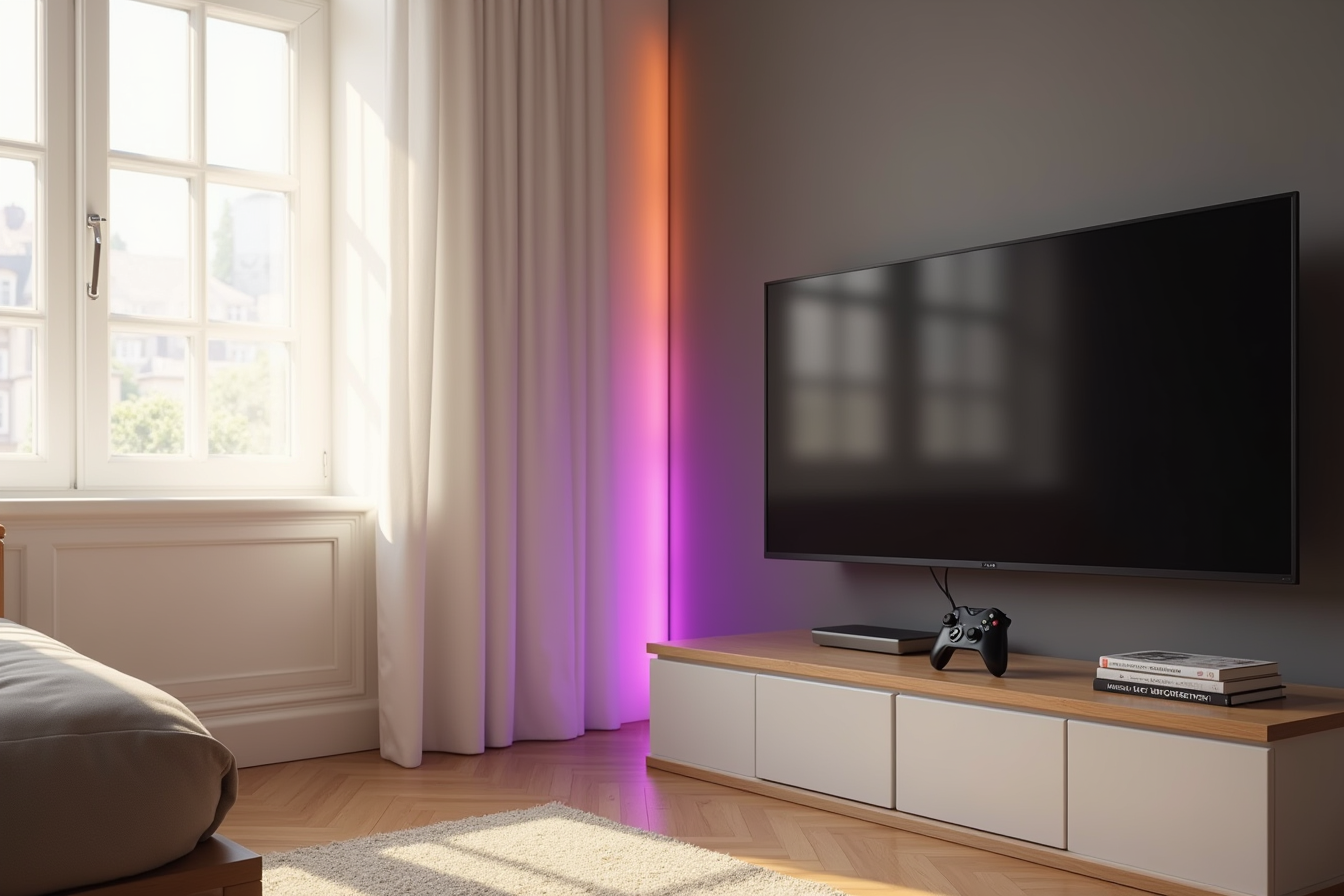 RGB corner lamp casts colored light across a dark accent wall above a media console with gaming controller.
