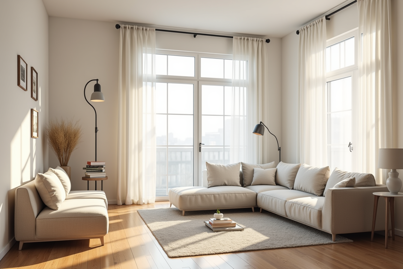 Tall black LED torchiere stands by a curtained window overlooking a sectional sofa in a high-ceilinged room.