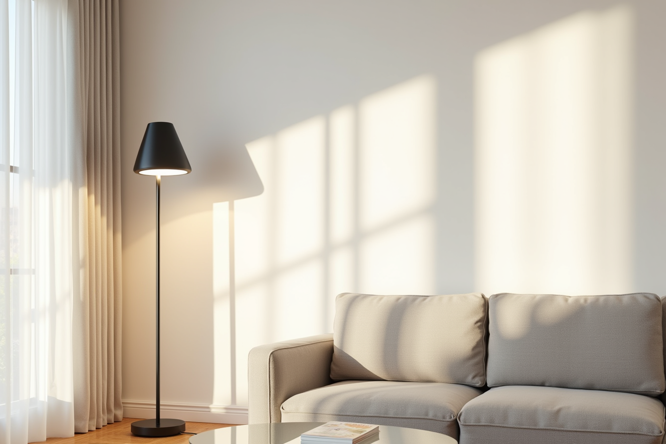 Upward-casting black torchiere brightens a white ceiling above a modern sofa and glass coffee table.
