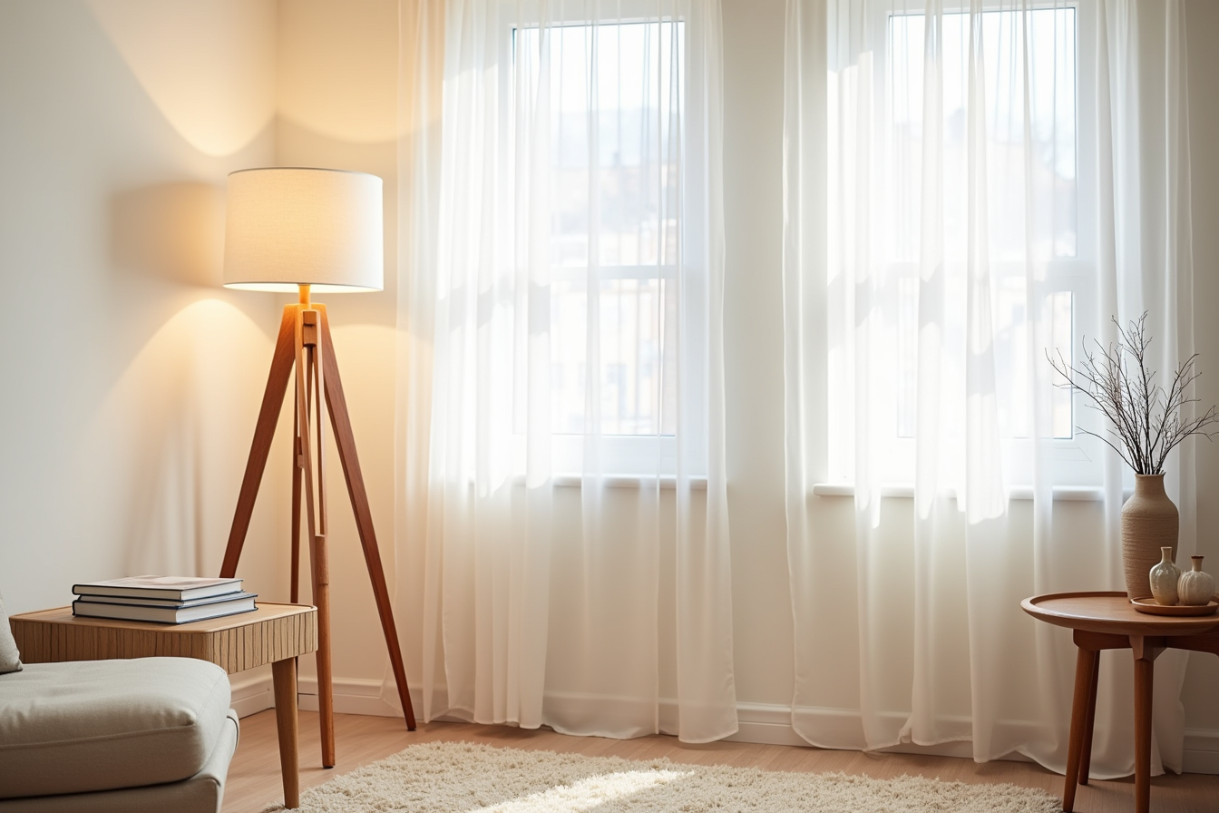 Wooden tripod lamp with cream shade stands beside a teak side table and vintage ottoman in a mid-century room.