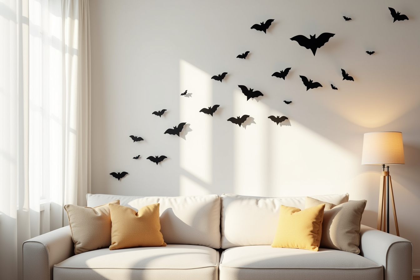 Black bat cutouts arranged in an ascending pattern cast shadows across a living room wall.
