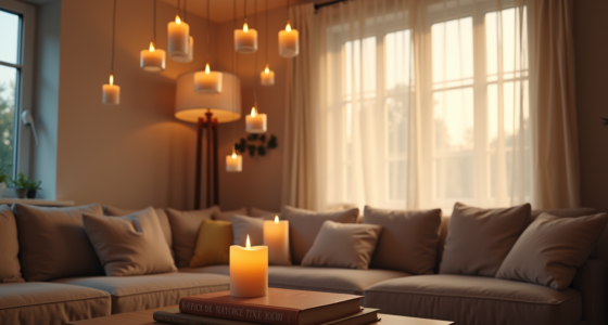 Floating candles at different heights cast soft light upward in a dark living room.