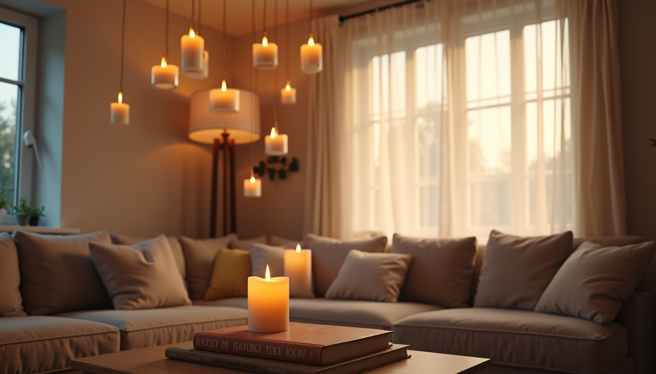 Floating candles at different heights cast soft light upward in a dark living room.