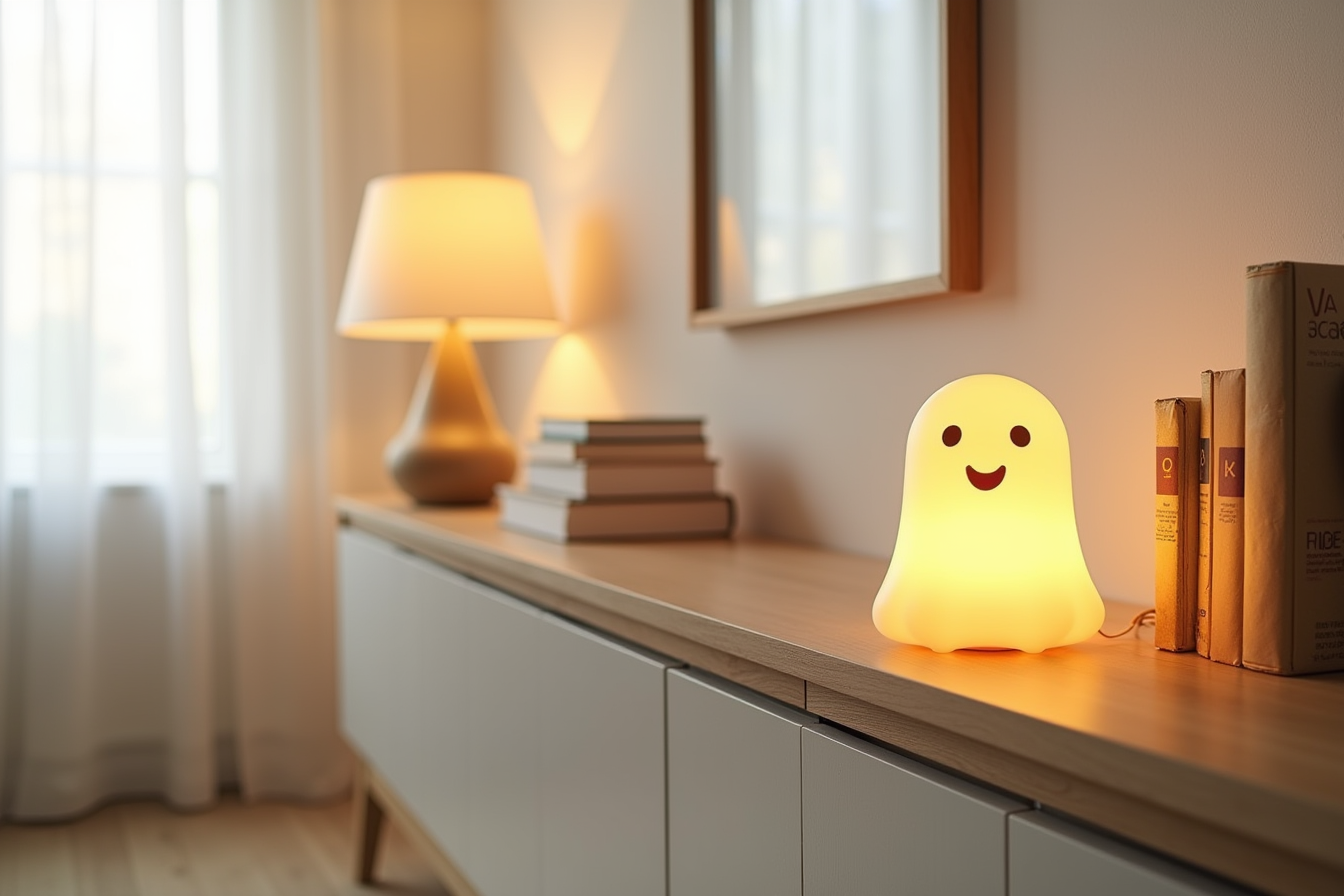 A glowing ghost night light emits soft orange light on a media console shelf.