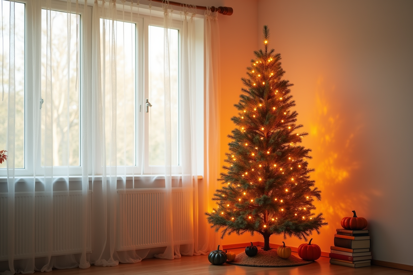 A tall Halloween tree with orange fairy lights stands illuminated in a room corner.