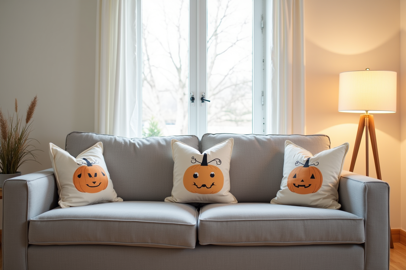 Three cream-colored pillows with pumpkin and ghost designs rest against a gray sofa.