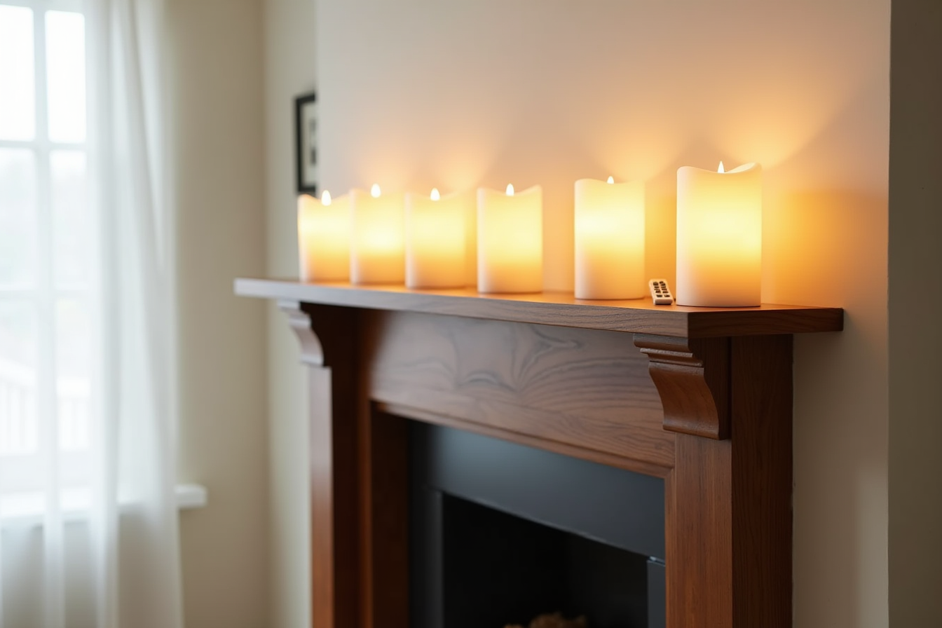 Five flameless candles in graduated arrangement sit on a dark wooden mantel above a fireplace.