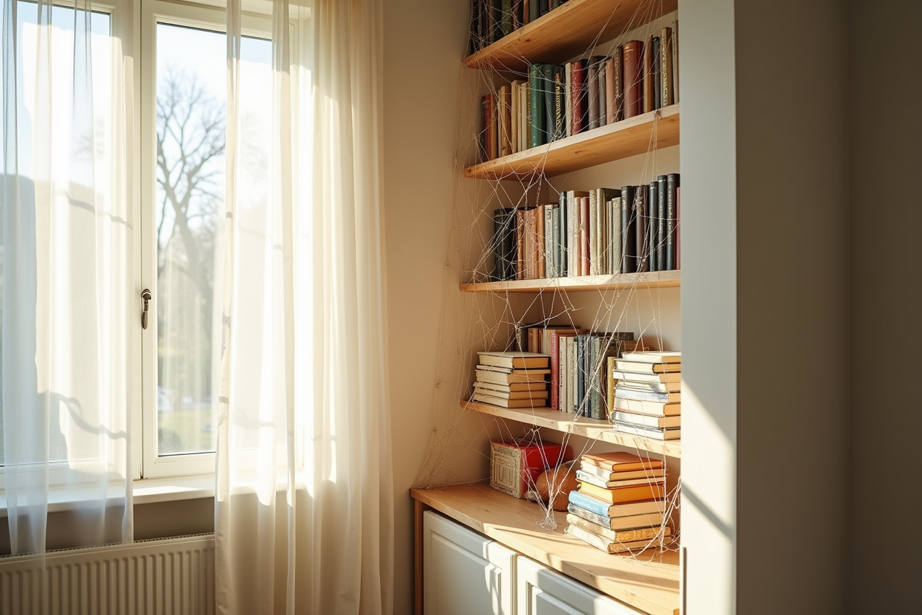 Artificial spider webbing drapes across a corner bookshelf and extends onto the adjacent wall.