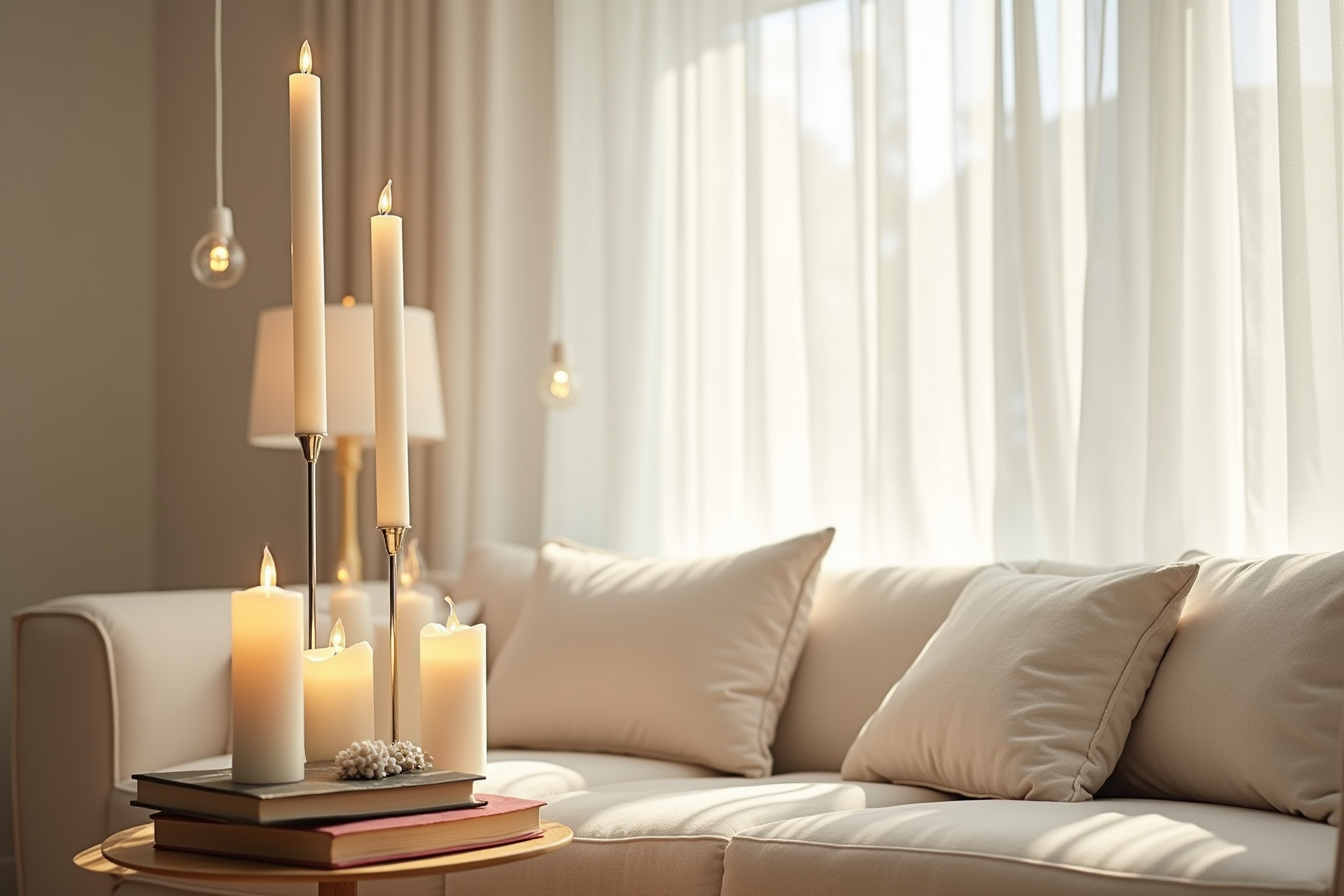 Flameless candles hang at varying heights above a sofa on invisible fishing line.
