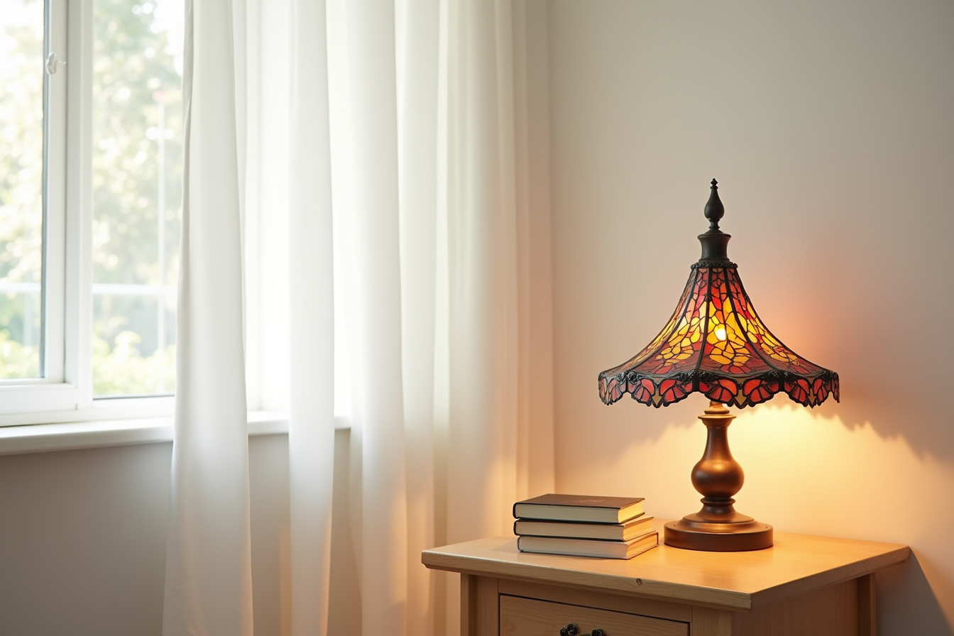 A stained-glass witch hat lamp on a side table casts colored light onto a white wall.