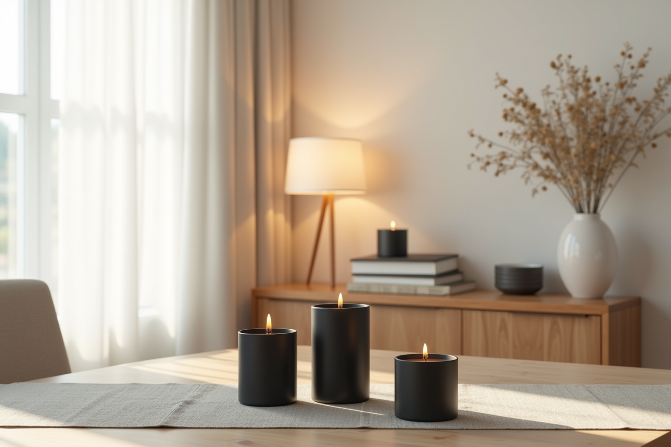 Five black flameless candles of different heights sit unlit on a dining table runner with a wooden console table behind.