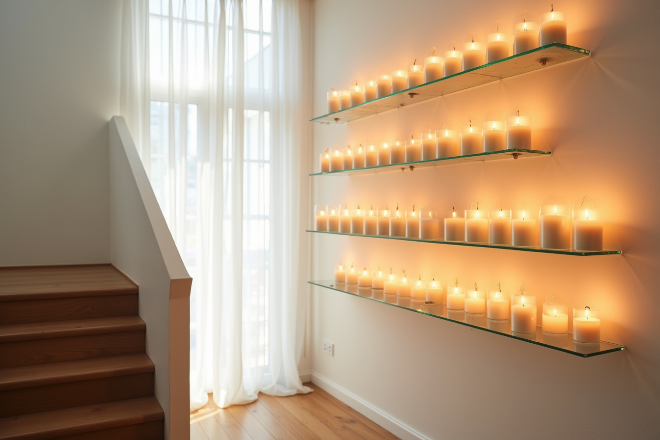 Twenty-two warm orange flameless candles glow on glass shelves mounted to a white wall, viewed from an adjacent stairwell.