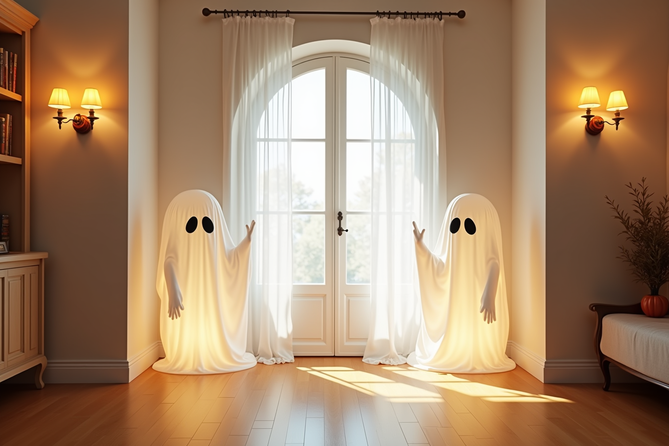 Two glowing white ghost figures with black details stand on either side of an interior archway, with a fall-colored backdrop