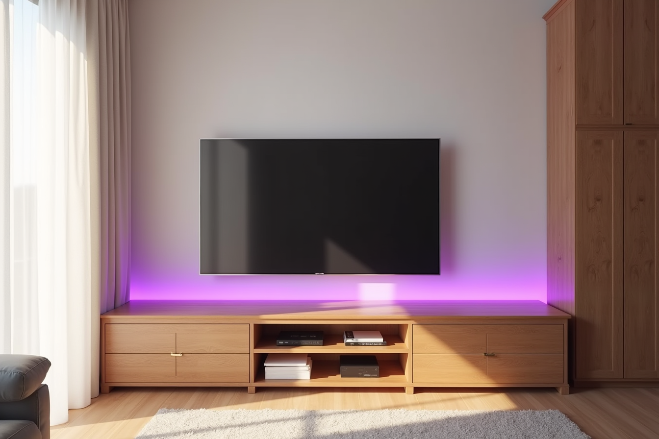 A meross RGB strip light under a wall-mounted media cabinet casts purple glow across the wall and shelf, with a television