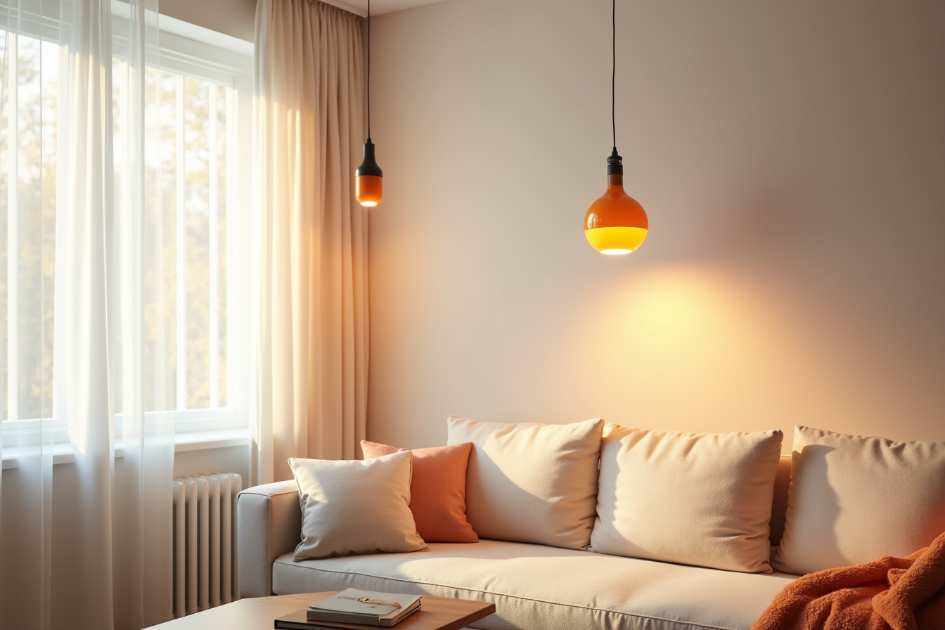 An orange-tinted Philips Hue bulb in a pendant lamp casts warm light down onto a sofa in a living room.