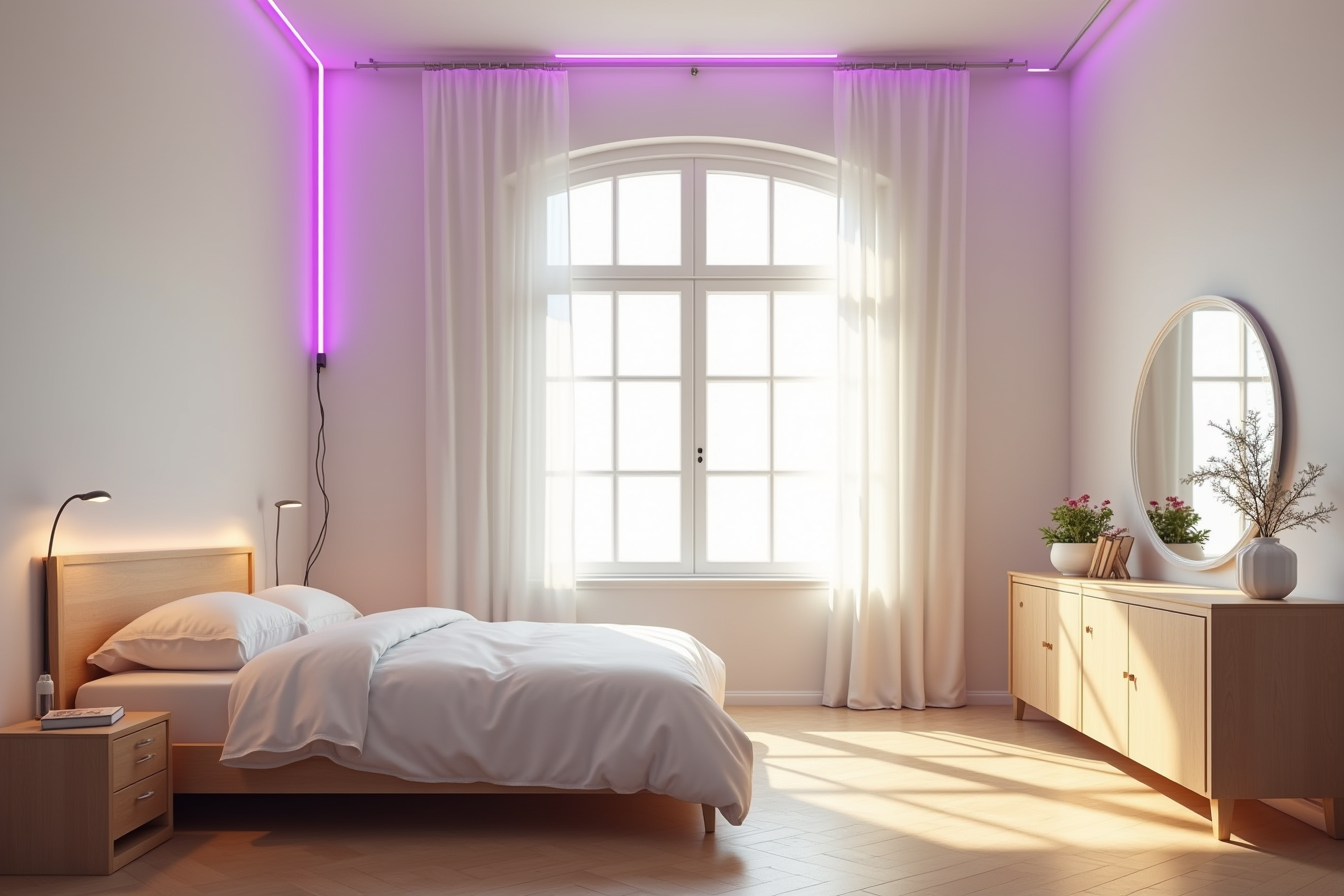 A long purple light strand loops across a bedroom window frame and pools on a white shelf below, with the cord entering from