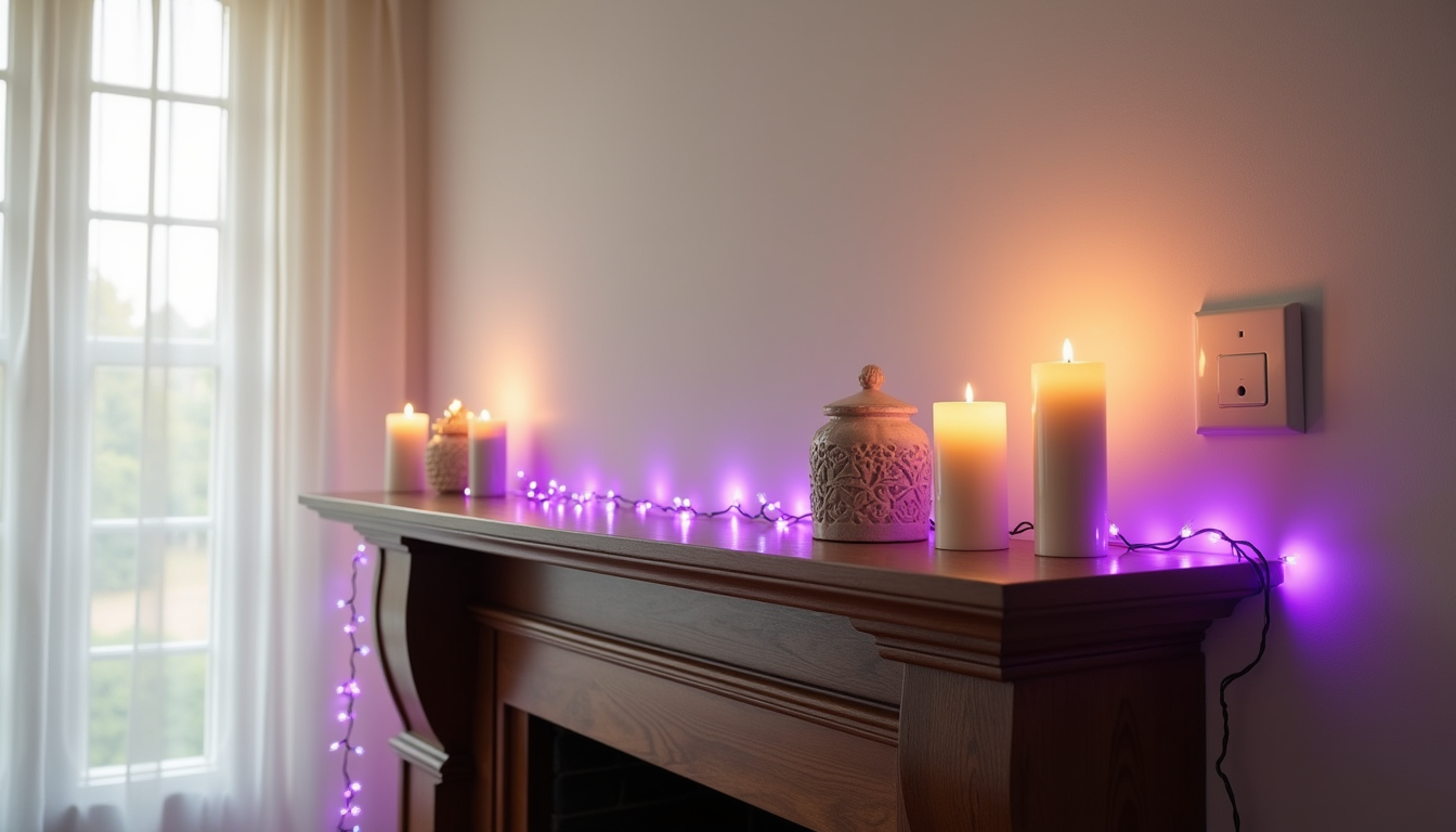 Purple string lights drape across a dark wooden mantel next to candles and decorative objects, with the electrical cord