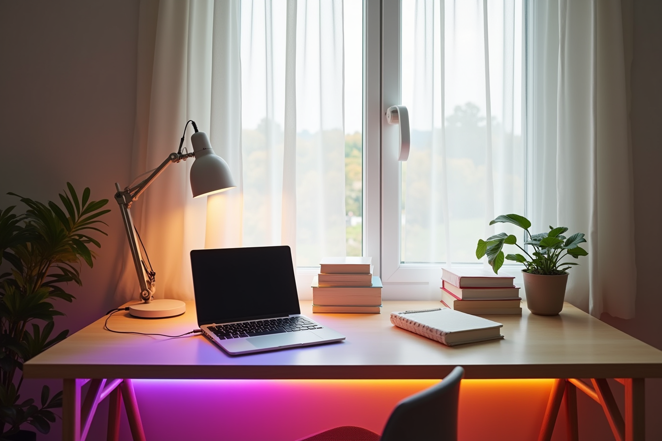 An RGB strip light under a desk edge casts purple, orange, and green zones across the desktop where a laptop and keyboard