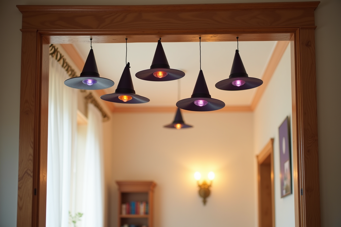 Eight glowing witch hat ornaments hang at different heights from a ceiling beam above a wooden doorframe at a hallway