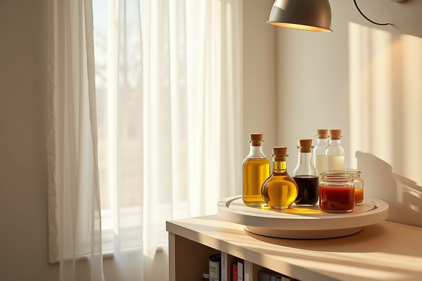 Circular turntable holds glass bottles of olive oil, balsamic vinegar, and sauce jars around its perimeter.