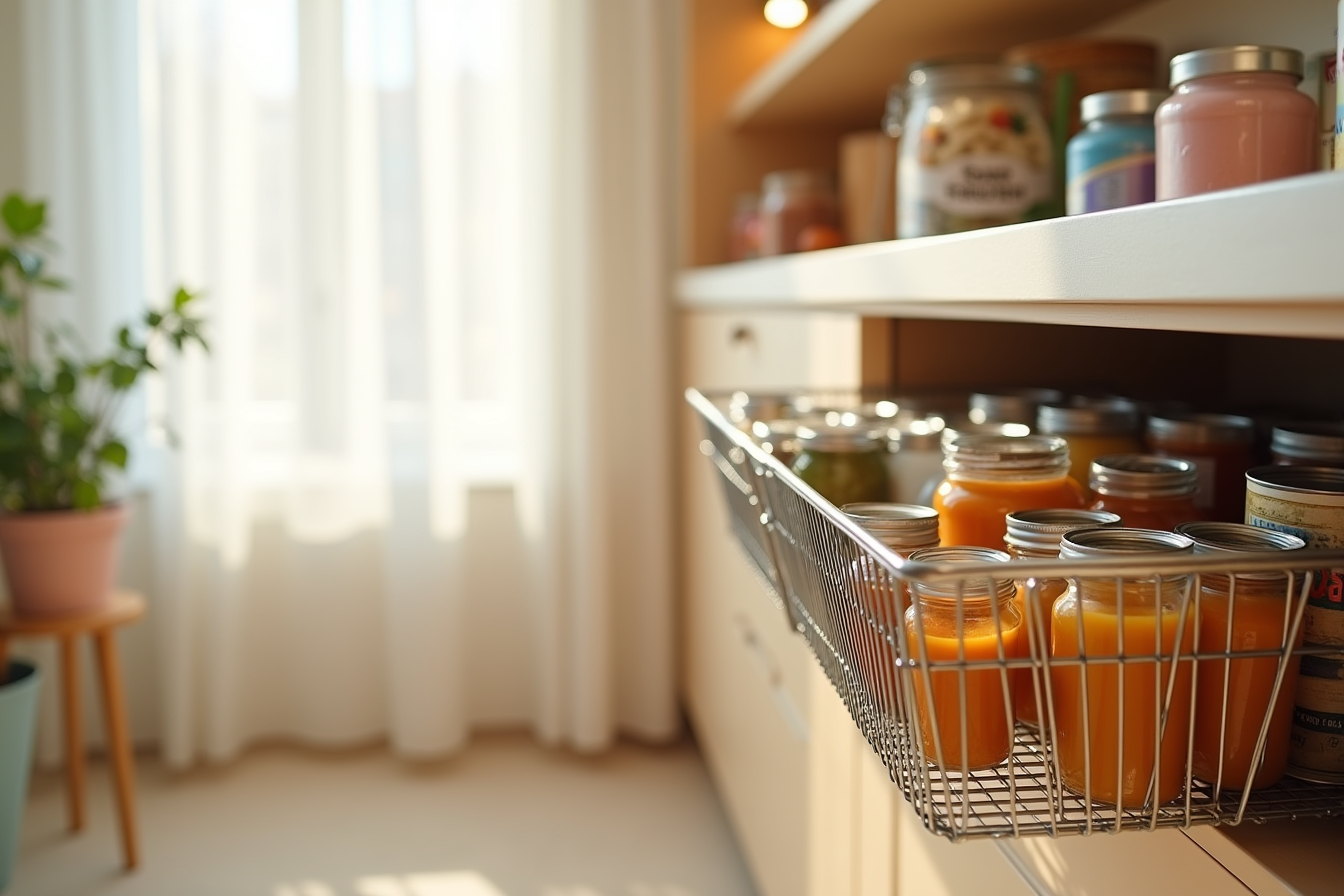 Metal wire sliding basket pulled from lower cabinet displays canned soups and packaged goods.