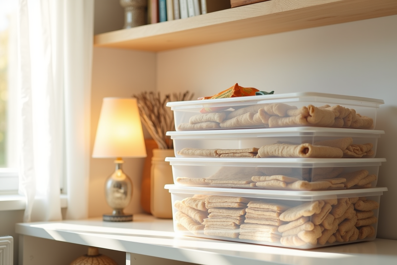 Three vertically stacked plastic bins contain crackers, granola bars, and snack packets.