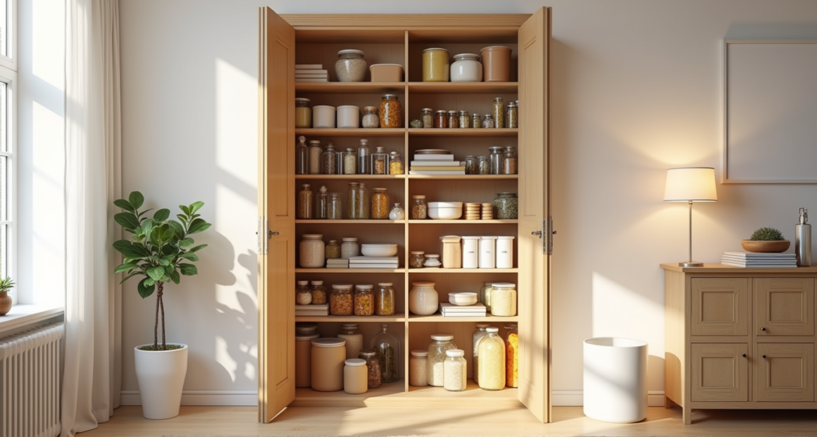 Pantry shelves display colorful canned goods, glass jars, and cardboard boxes arranged at varying heights.