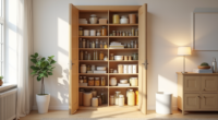 Pantry shelves display colorful canned goods, glass jars, and cardboard boxes arranged at varying heights.